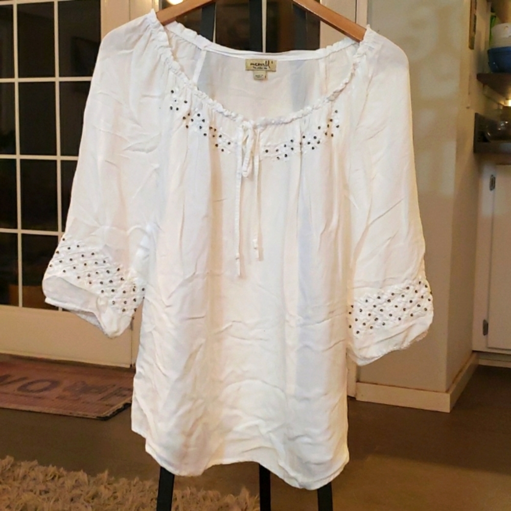 ONE WORLD white rayon boho blouse size S